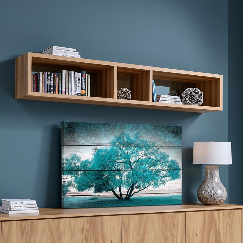 LevvArts - Canvas Prints Wall Art Teal Tree on Vintage Wood Style Wall Decor Modern Landscape Pictures for Living Room Bedroom Office Decor Stretched and Framed Artwork Ready to Hang - Image 3